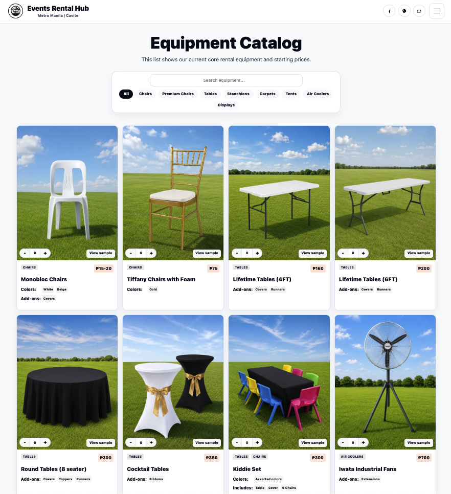 Events Rental Hub Equipment Catalog with search, category filters, and rental items