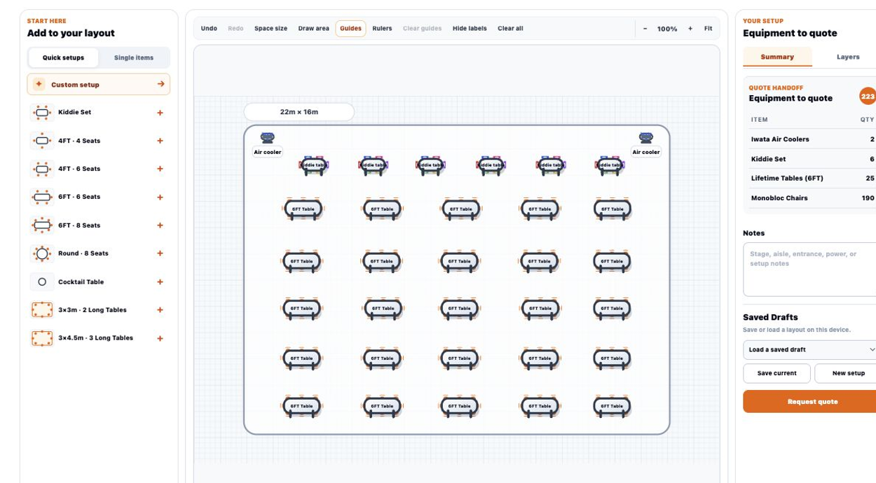 Actual Events Rental Hub Setup Planner with the equipment library, a seating layout, and the equipment quote summary